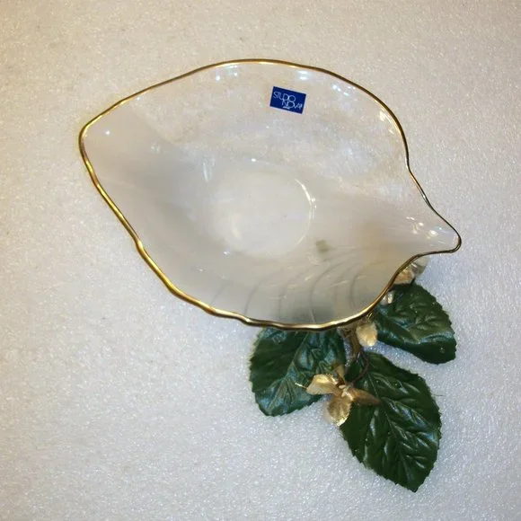 Mikasa Studio Nova Frosted & Clear Crystal Leaf Candy Dish NEW Gold Trim - Picture 2 of 7